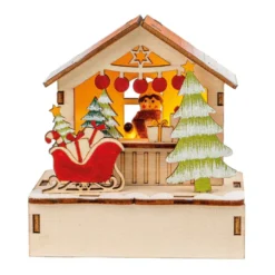 LED-Haus, Weihnachtsmarktszene 1, 9,5cm x 6cm x 10,2cm, warmweiß mit Timer