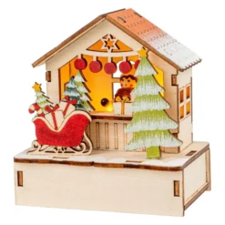 LED-Haus, Weihnachtsmarktszene 1, 9,5cm x 6cm x 10,2cm, warmweiß mit Timer