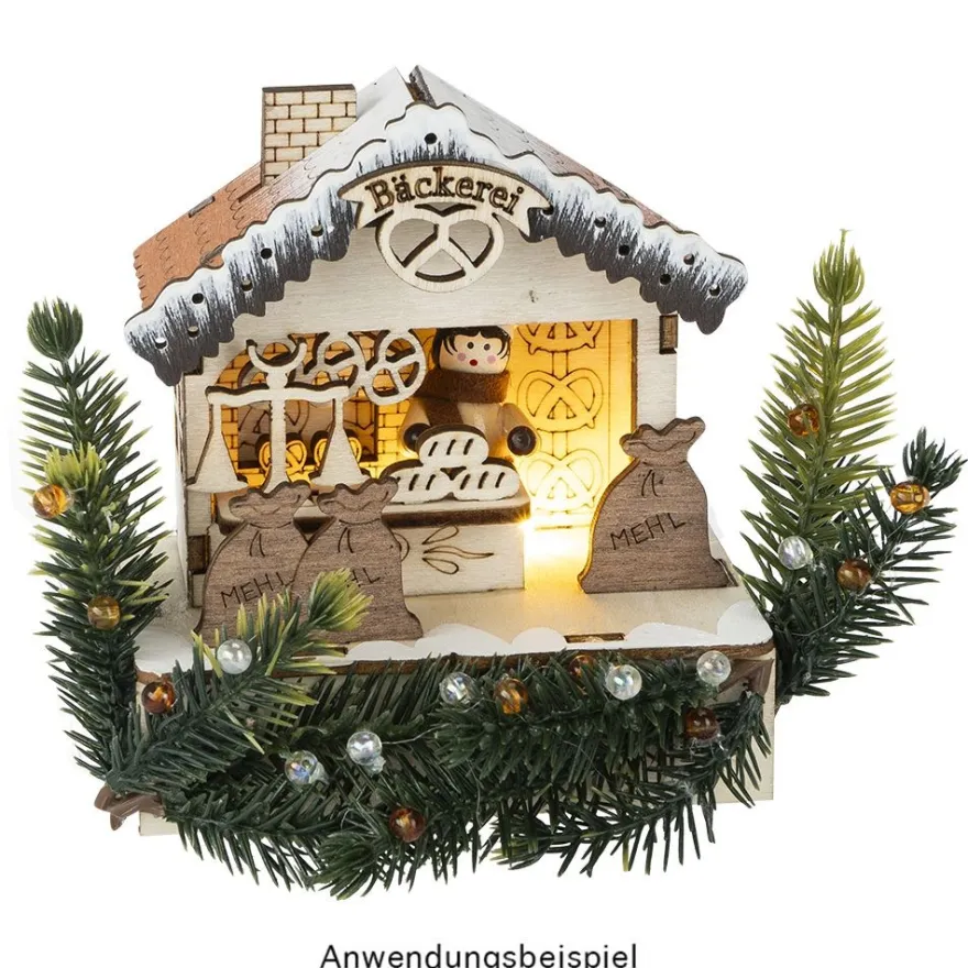 LED-Haus, Weihnachtsmarktszene 3, 9,5cm x 6cm x 10,5cm, warmweiß mit Timer