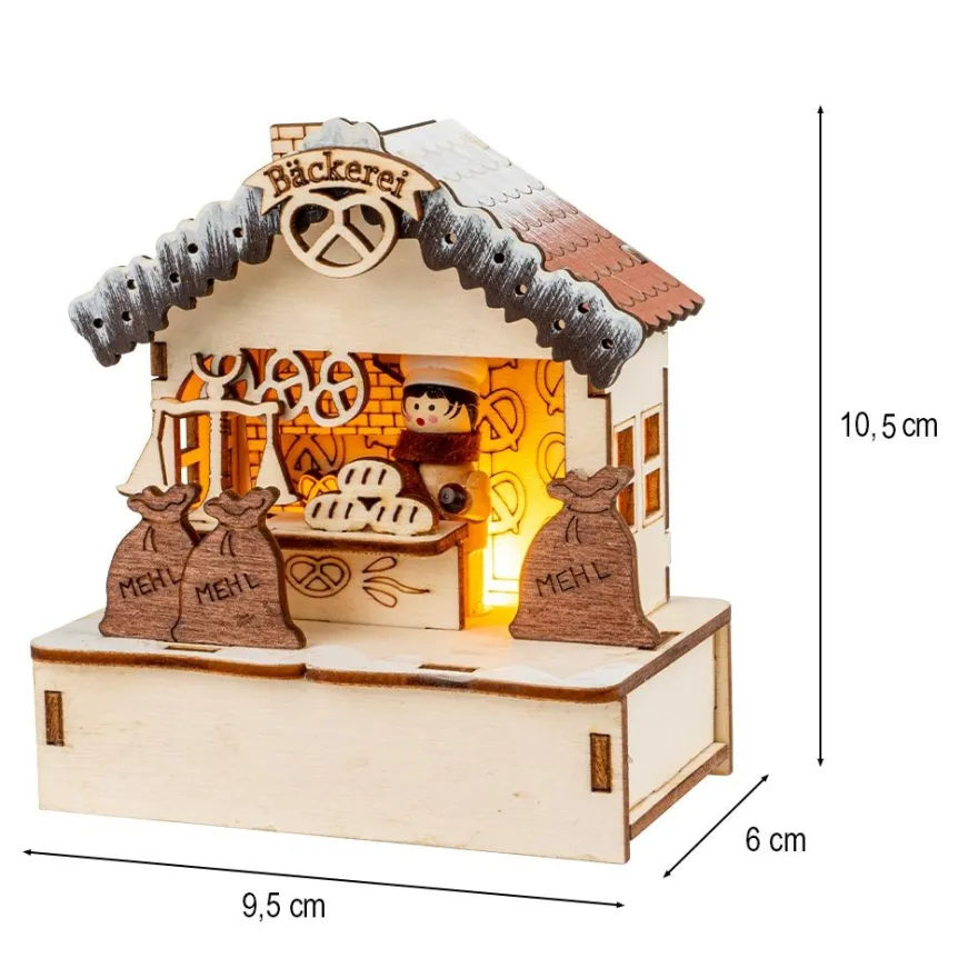 LED-Haus, Weihnachtsmarktszene 3, 9,5cm x 6cm x 10,5cm, warmweiß mit Timer