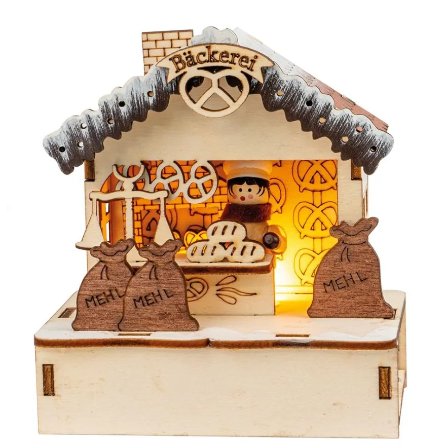 LED-Haus, Weihnachtsmarktszene 3, 9,5cm x 6cm x 10,5cm, warmweiß mit Timer