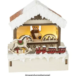 LED-Haus, Weihnachtsmarktszene 2, 9,5cm x 6cm x 10,7cm, warmweiß mit Timer