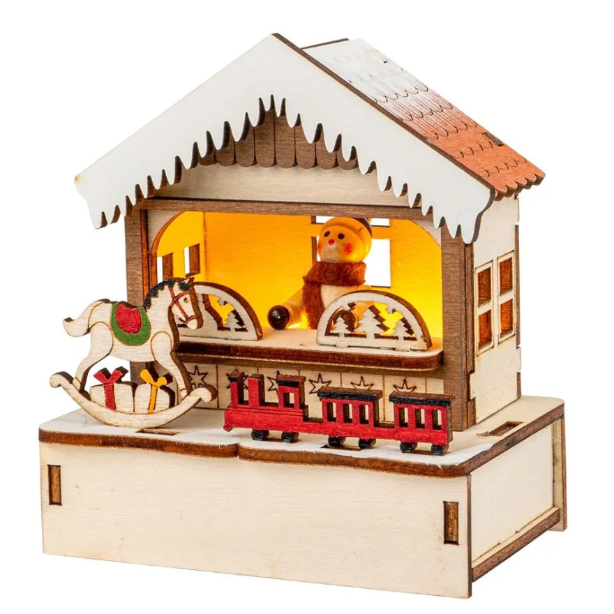 LED-Haus, Weihnachtsmarktszene 2, 9,5cm x 6cm x 10,7cm, warmweiß mit Timer