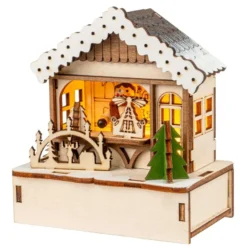 LED-Haus, Weihnachtsmarktszene 5, 9,5cm x 6cm x 10,7cm, warmweiß mit Timer