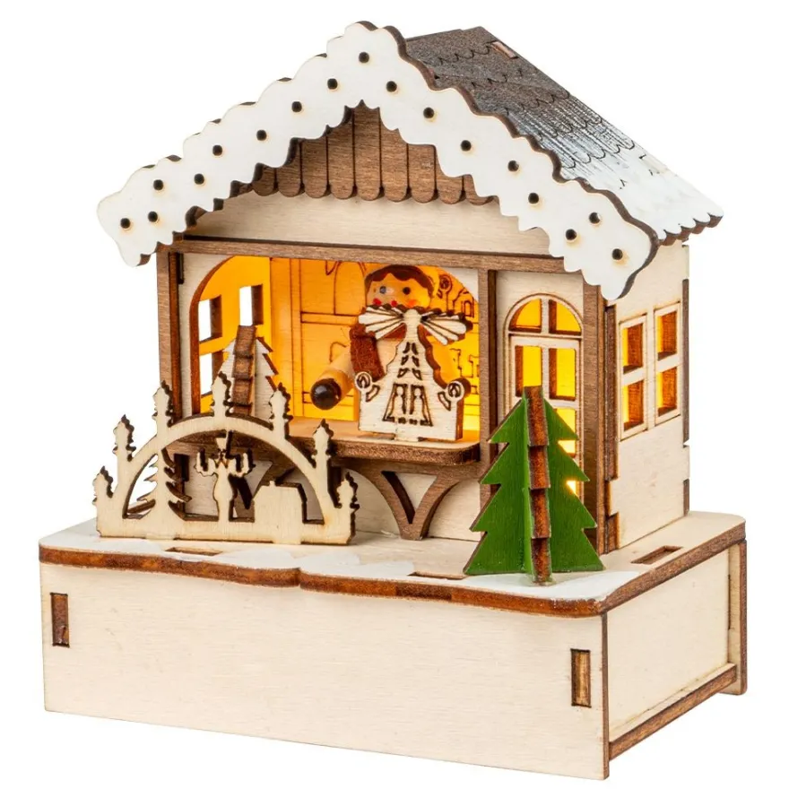 LED-Haus, Weihnachtsmarktszene 5, 9,5cm x 6cm x 10,7cm, warmweiß mit Timer