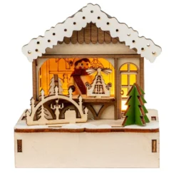LED-Haus, Weihnachtsmarktszene 5, 9,5cm x 6cm x 10,7cm, warmweiß mit Timer