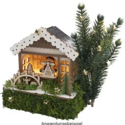 LED-Haus, Weihnachtsmarktszene 5, 9,5cm x 6cm x 10,7cm, warmweiß mit Timer