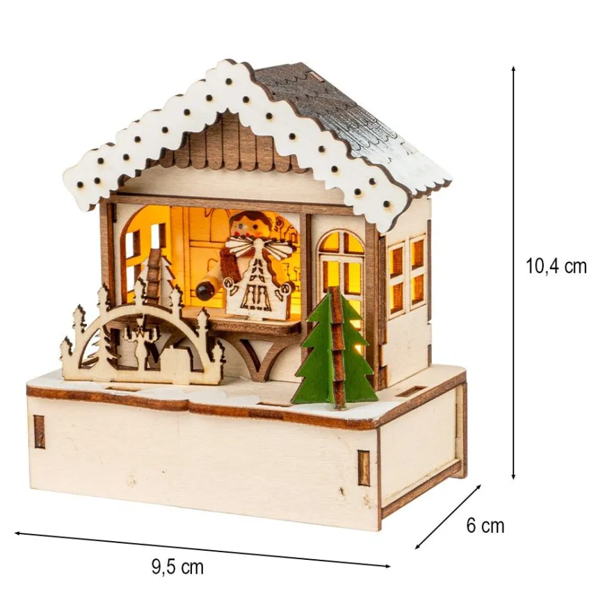 LED-Haus, Weihnachtsmarktszene 5, 9,5cm x 6cm x 10,7cm, warmweiß mit Timer