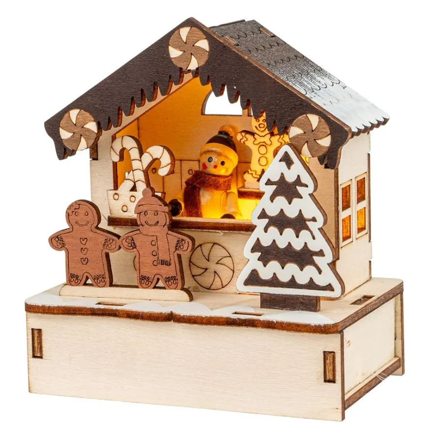LED-Haus, Weihnachtsmarktszene 6, 9,5cm x 6cm x 10,6cm, warmweiß mit Timer