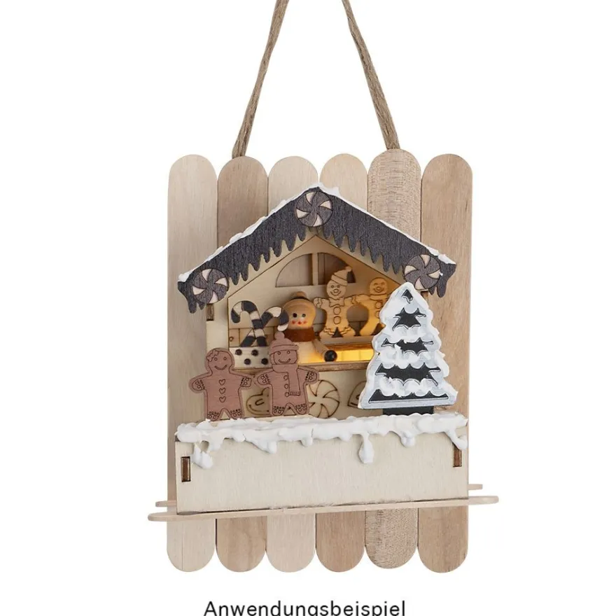 LED-Haus, Weihnachtsmarktszene 6, 9,5cm x 6cm x 10,6cm, warmweiß mit Timer