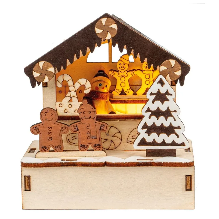 LED-Haus, Weihnachtsmarktszene 6, 9,5cm x 6cm x 10,6cm, warmweiß mit Timer