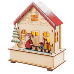 LED-Haus, Wichtel mit Schlitten, 12cm x 6cm x 14cm, warmweiß mit Timer
