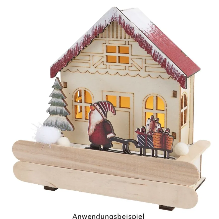 LED-Haus, Wichtel mit Schlitten, 12cm x 6cm x 14cm, warmweiß mit Timer