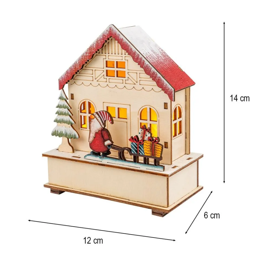 LED-Haus, Wichtel mit Schlitten, 12cm x 6cm x 14cm, warmweiß mit Timer