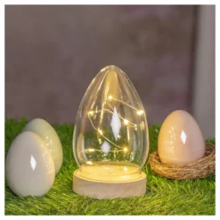 LED-Holz-Podest rund, mit Ei, Ø8,3cm, 2cm hoch, mit 10 LEDs in Warmweiß