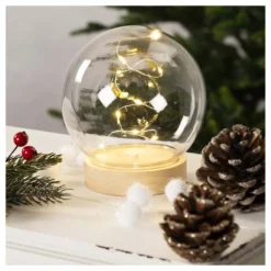 LED-Holz-Podest rund, mit Kugel, Ø8,3cm, 2cm hoch, mit 10 LEDs in Warmweiß
