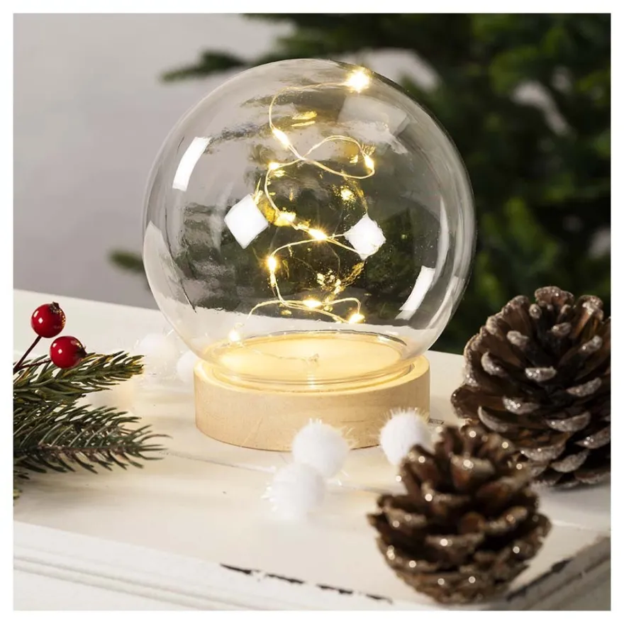 LED-Holz-Podest rund, mit Kugel, Ø8,3cm, 2cm hoch, mit 10 LEDs in Warmweiß