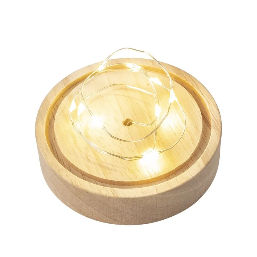LED-Holz-Podest rund, mit Kugel, Ø8,3cm, 2cm hoch, mit 10 LEDs in Warmweiß