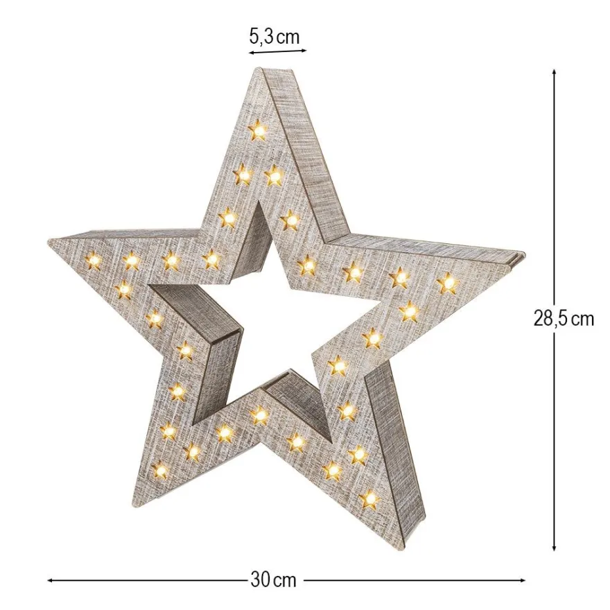 LED-Holz-Stern, 30cm x 29,5cm x 5,3cm, 30 LEDs, warmweiß, inkl. Timer