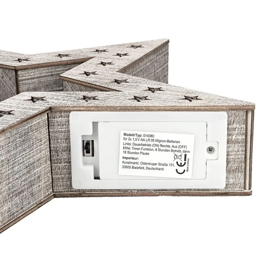 LED-Holz-Stern, 30cm x 29,5cm x 5,3cm, 30 LEDs, warmweiß, inkl. Timer