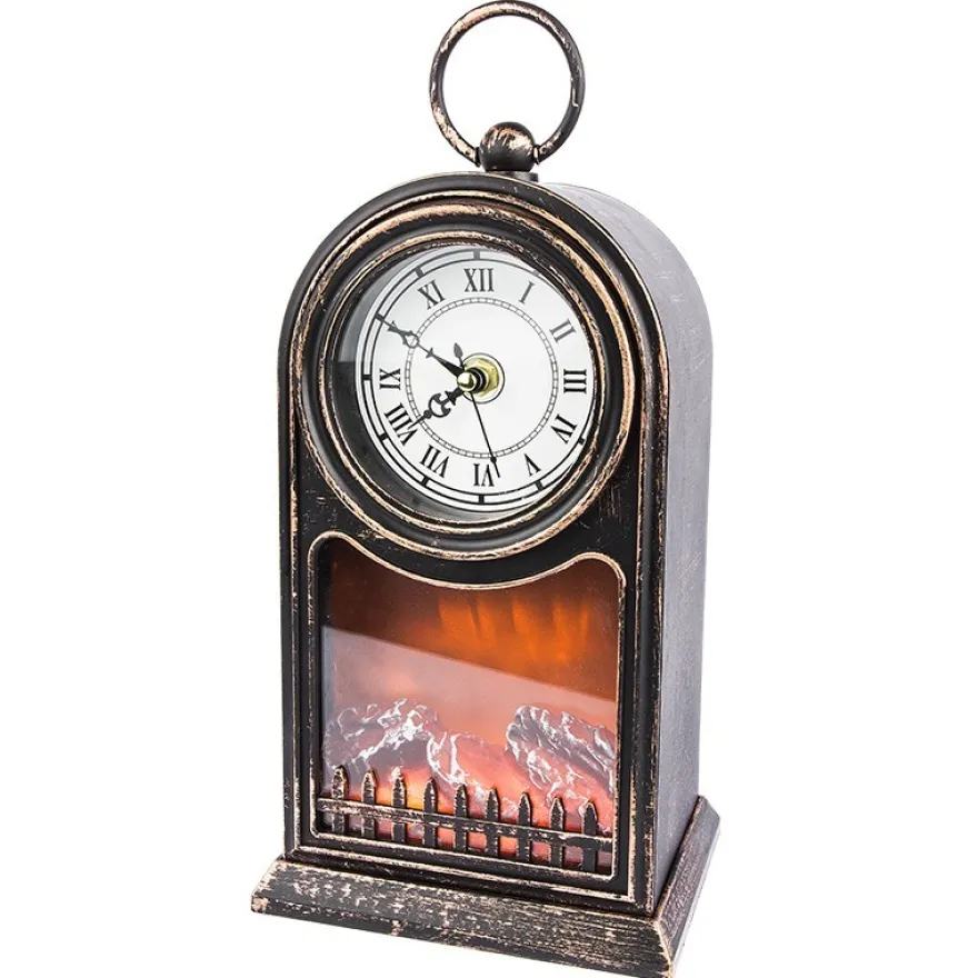 LED-Kaminfeuer, Uhr, 15cm x 12cm, 27,5cm, mit funktionstüchtigem Uhrwerk, Timer