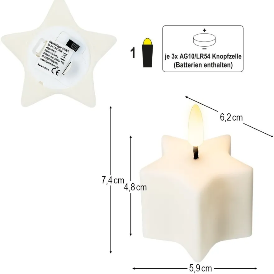 LED-Kerzen, Stern, creme, 6,2cm x 5,9cm x 7,4cm, warmweiß, Flacker-Effekt, 2 Stück