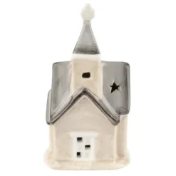 LED-Kirche, Porzellan, farbig, 12,5cm x 7cm x 5,2cm, 1 LED-Lämpchen warmweiß, inkl. 2 Knopfzellen