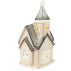 LED-Kirche, Porzellan, farbig, 12,5cm x 7cm x 5,2cm, 1 LED-Lämpchen warmweiß, inkl. 2 Knopfzellen