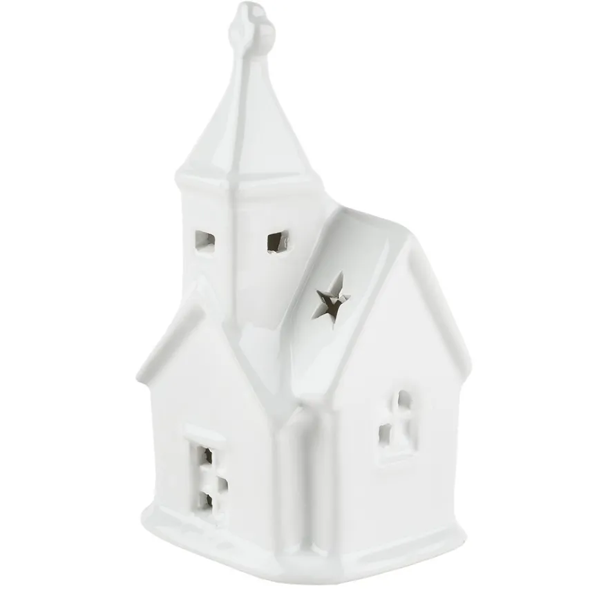 LED-Kirche, Porzellan, weiß, 12,5cm x 7cm x 5,2cm, 1 LED-Lämpchen warmweiß, inkl. 2 Knopfzellen