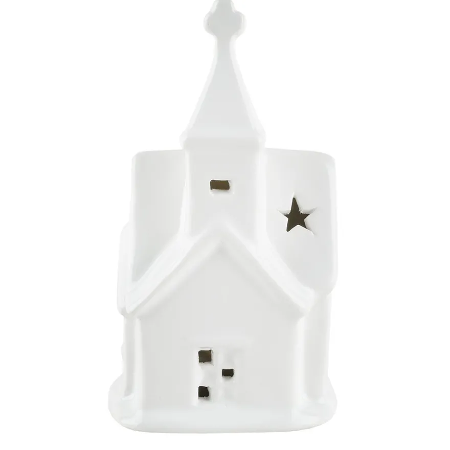 LED-Kirche, Porzellan, weiß, 12,5cm x 7cm x 5,2cm, 1 LED-Lämpchen warmweiß, inkl. 2 Knopfzellen