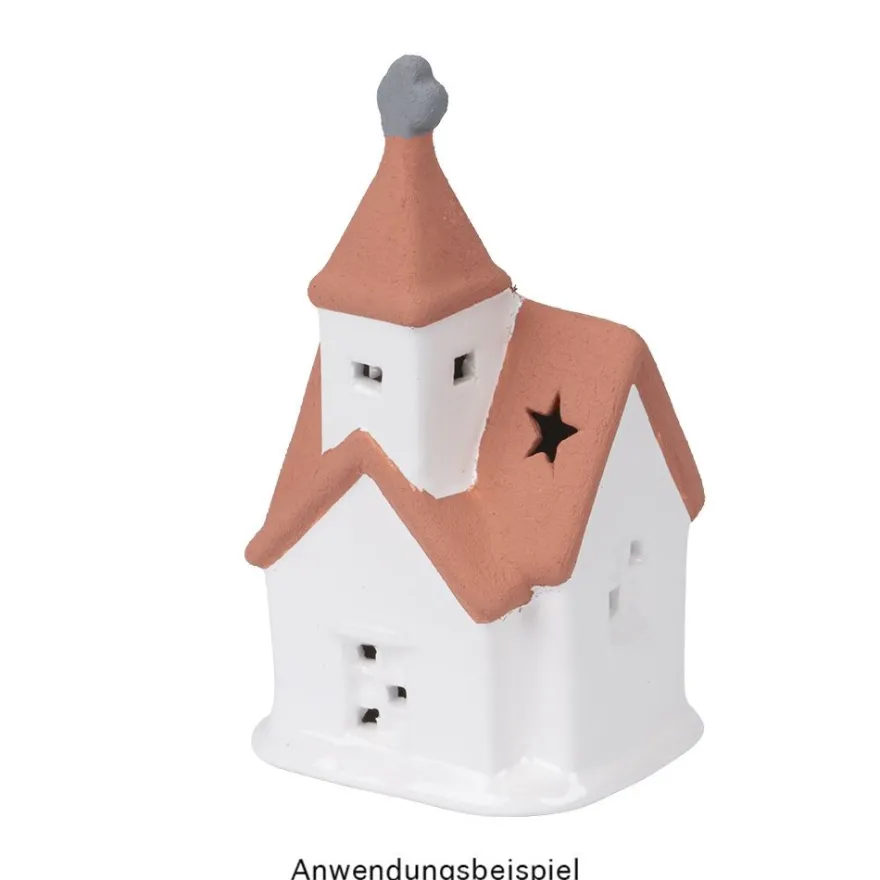 LED-Kirche, Porzellan, weiß, 12,5cm x 7cm x 5,2cm, 1 LED-Lämpchen warmweiß, inkl. 2 Knopfzellen