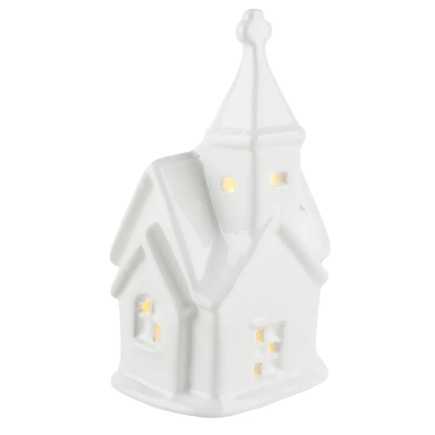 LED-Kirche, Porzellan, weiß, 12,5cm x 7cm x 5,2cm, 1 LED-Lämpchen warmweiß, inkl. 2 Knopfzellen