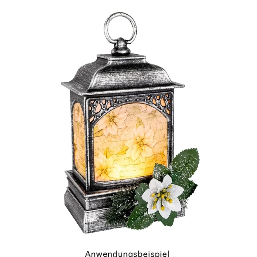 LED-Laterne mit Flackereffekt, 12cm x 20,5cm x 8,6cm, Schmiedeeisenoptik, silber-schwarz