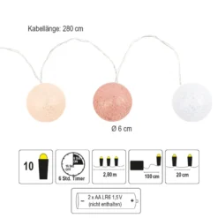 LED-Lichterkette Baumwollkugeln, Ø 6cm, 10 Kugeln in 3 Farben, weiß/altrosa/apricot, inkl. Timer,