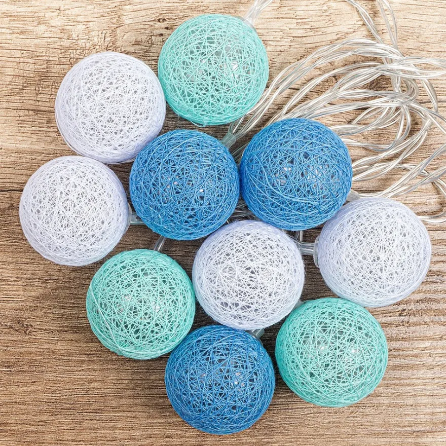LED-Lichterkette Baumwollkugeln 1, Ø 3,5cm 10 Kugeln in 3 Farben, weiß/mint/hellblau, inkl. Timer