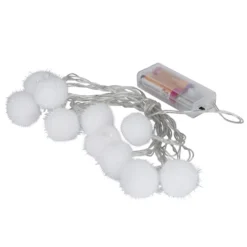 LED-Lichterkette, irisierende Pompons, weiß, 10 LEDs in Warmweiß, 3,5m lang, Timer