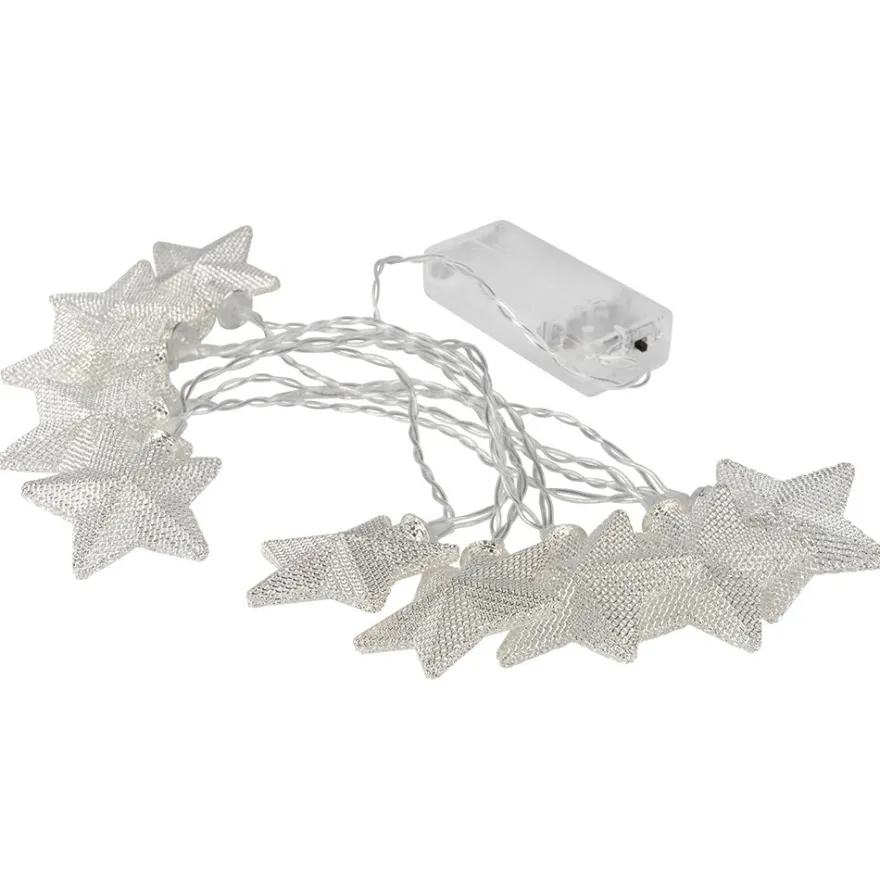 LED-Lichterkette, mit silbernen Sternen, 10 LEDs in Warmweiß, 1,6m lang, Timer