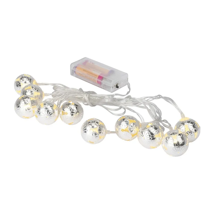 LED-Lichterkette, Ornament-Kugeln 3, silber, 10 LEDs in Warmweiß, 3,05m lang, Timer