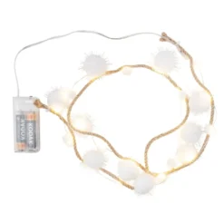 LED-Lichterkette, Pompons mit Juteband, 20 LED-Lämpchen in Warmweiß mit weiß-irisierenden Pompons
