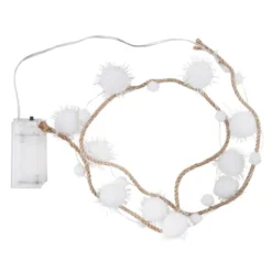 LED-Lichterkette, Pompons mit Juteband, 20 LED-Lämpchen in Warmweiß mit weiß-irisierenden Pompons