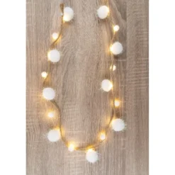 LED-Lichterkette, Pompons mit Juteband, 20 LED-Lämpchen in Warmweiß mit weiß-irisierenden Pompons