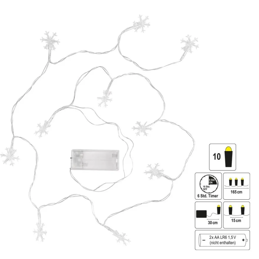 LED-Lichterkette, Schneeflocken, 10 LEDs in Warmweiß, 1,65m, Timer,
