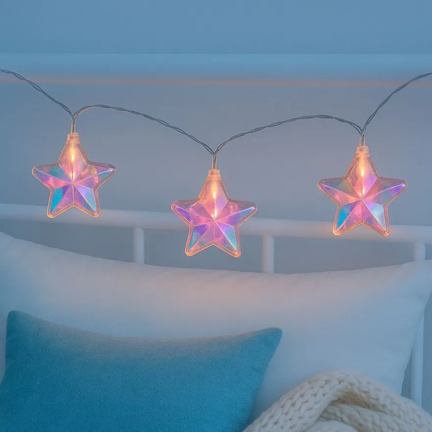 LED-Lichterkette, Sterne, irisierend, 10 LEDs in Warmweiß, mit Timer
