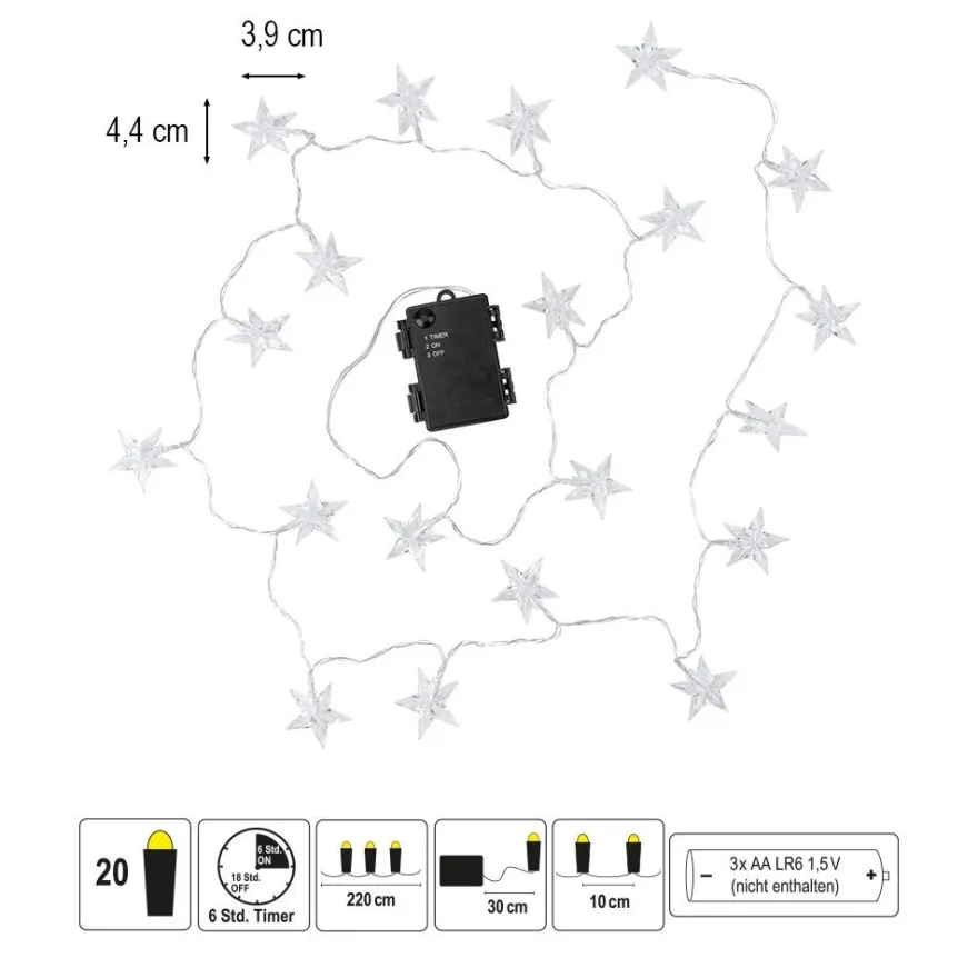 LED-Lichterkette, Sterne, 20 LEDs in Warmweiß, 2,20m lang, inkl. Timer,