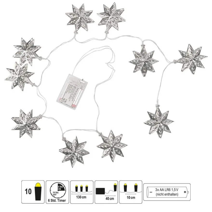 LED-Lichterkette, Sterne, Metall, 10 LEDs in Warmweiß, mit Timer