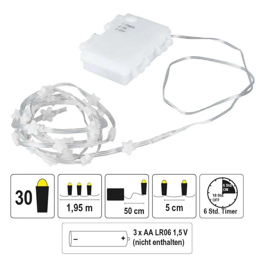 LED-Lichterkette Sterne, warmweiß, transparentes Soft-Kabel, 30 LEDs, inkl. Timer