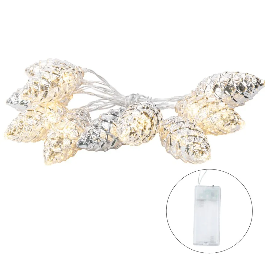 LED-Lichterkette Tannenzapfen, silber, 10 LEDs in Warmweiß, 1,20m lang, Timer