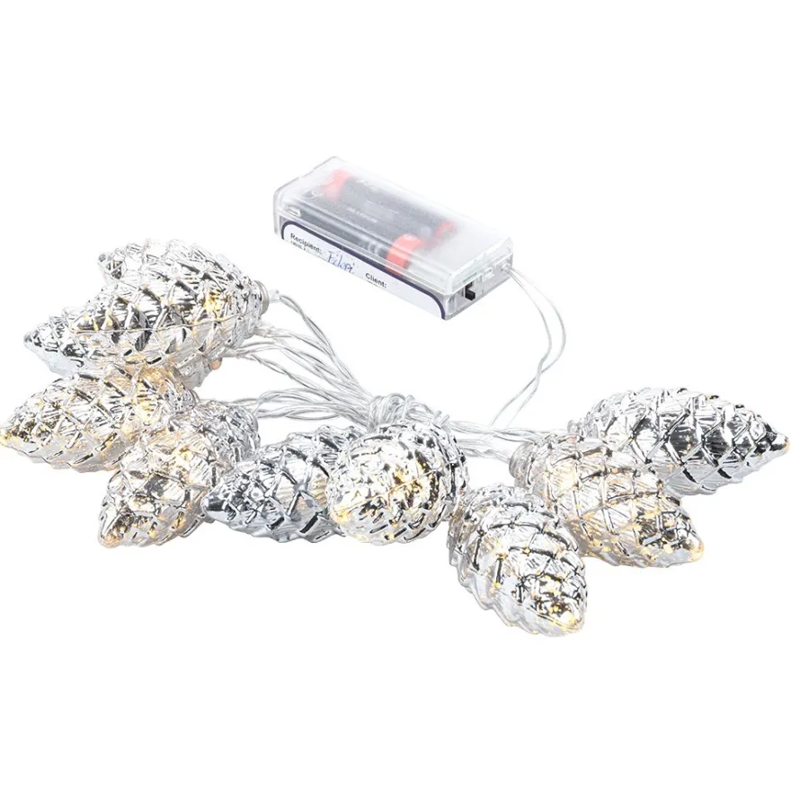 LED-Lichterkette Tannenzapfen, silber, 10 LEDs in Warmweiß, 1,20m lang, Timer