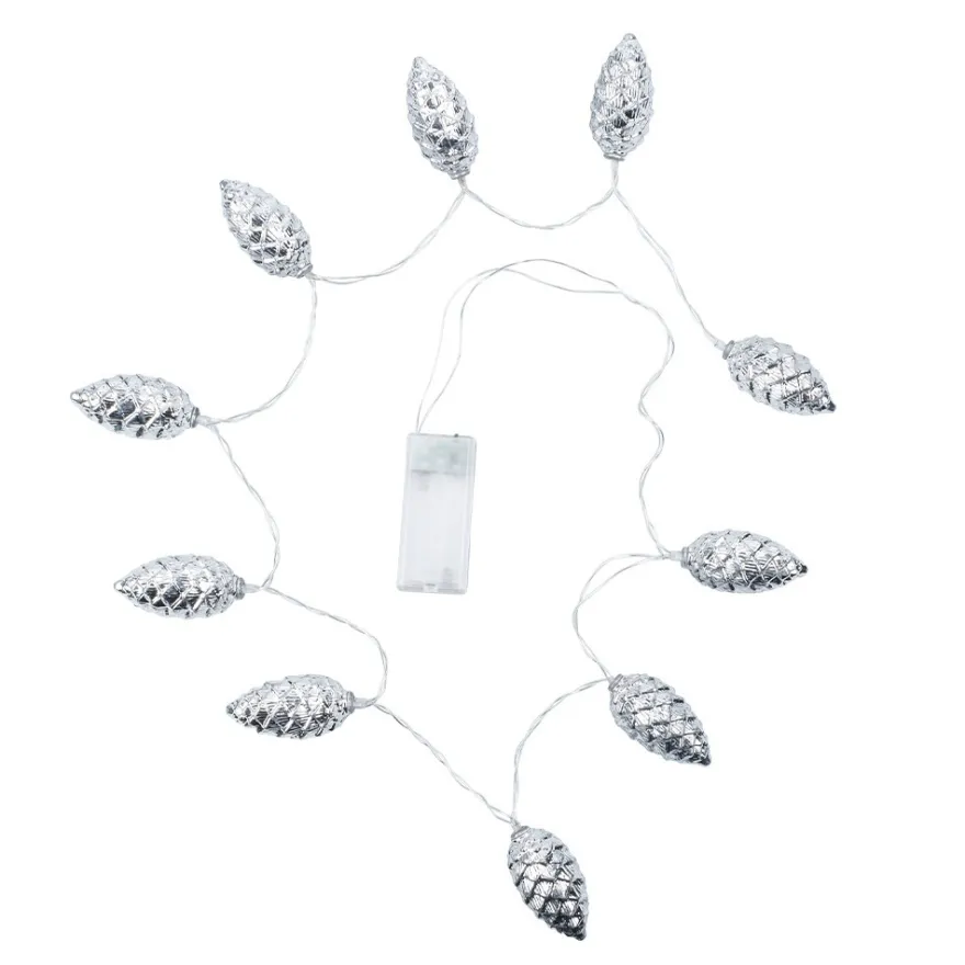 LED-Lichterkette Tannenzapfen, silber, 10 LEDs in Warmweiß, 1,20m lang, Timer
