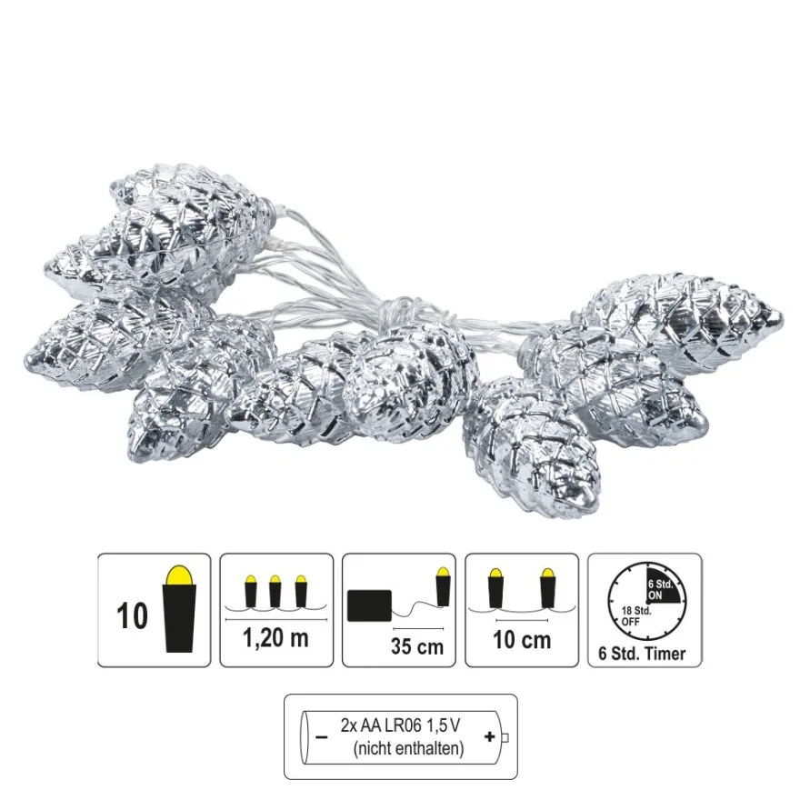 LED-Lichterkette Tannenzapfen, silber, 10 LEDs in Warmweiß, 1,20m lang, Timer